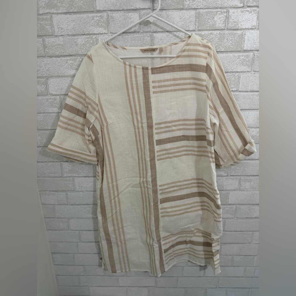 Soft Surroundings Shift Dress Size L Cottagecore Cotton Linen White Beige #3063